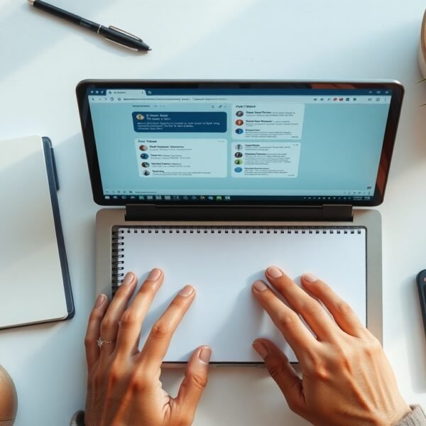 생성형 AI 종류 및 특징 - flat lay of multiple AI chat interfaces on a laptop screen with notebook and pen, generative AI types comparison concept, overhead view