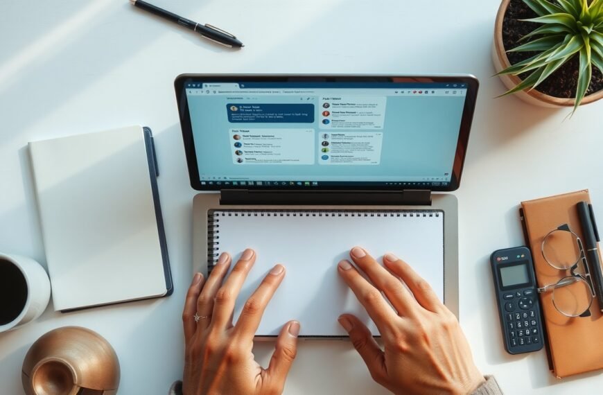 생성형 AI 종류 및 특징 - flat lay of multiple AI chat interfaces on a laptop screen with notebook and pen, generative AI types comparison concept, overhead view