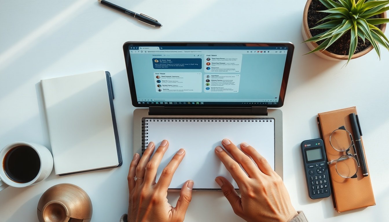 생성형 AI 종류 및 특징 - flat lay of multiple AI chat interfaces on a laptop screen with notebook and pen, generative AI types comparison concept, overhead view