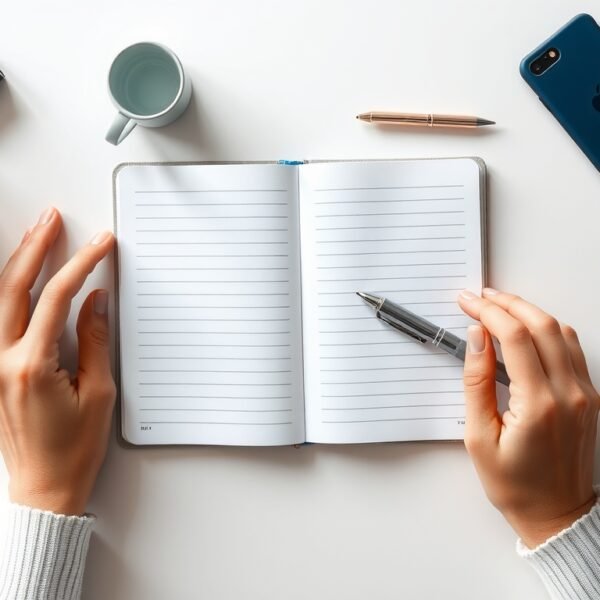 블로그 체험단 - flat lay of lifestyle products and notebook with pen on white desk, blog review and sponsorship concept