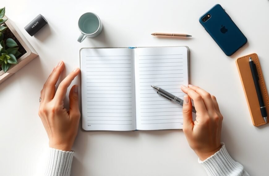 블로그 체험단 - flat lay of lifestyle products and notebook with pen on white desk, blog review and sponsorship concept