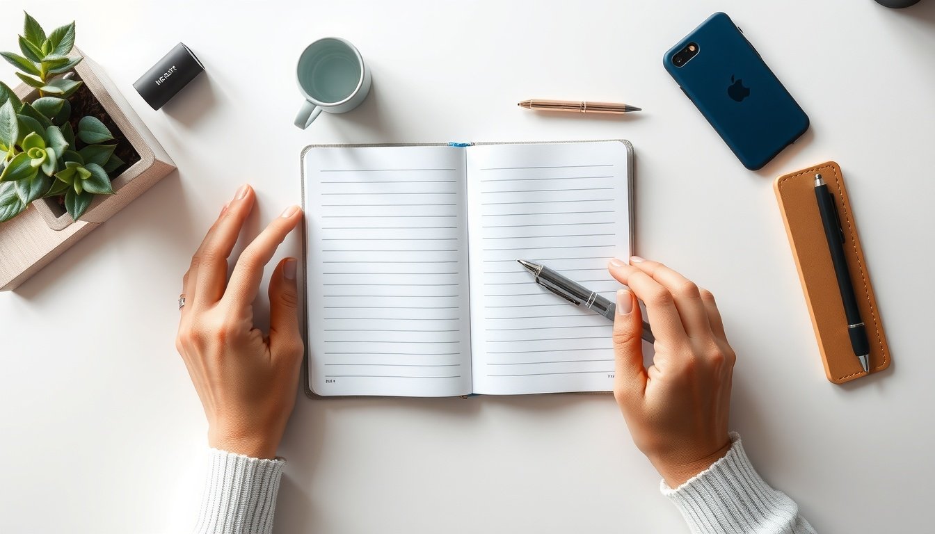 블로그 체험단 - flat lay of lifestyle products and notebook with pen on white desk, blog review and sponsorship concept