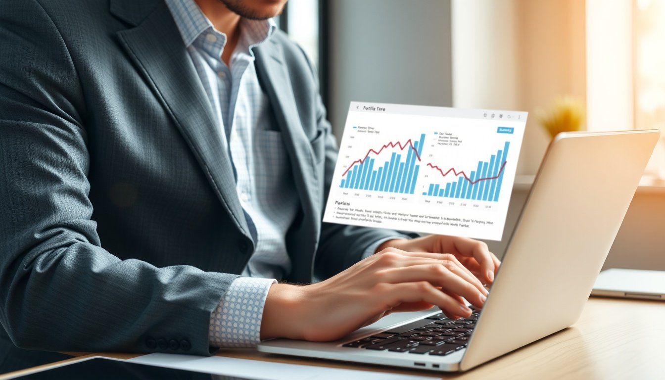 쿠팡서플라이허브 - upper body shot of Korean man with face visible, analyzing product profit margin on laptop with financial charts, natural hands, home office background