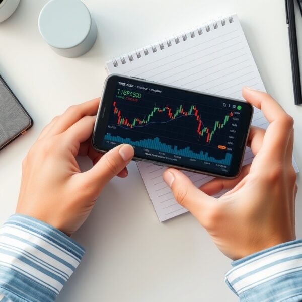 TIGER S&P500 - flat lay of smartphone showing stock chart and investment notebook on white desk, TIGER S&P500 ETF concept
