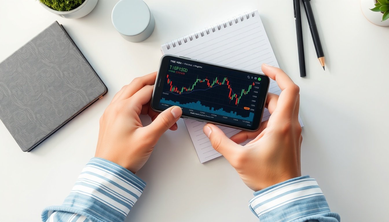 TIGER S&P500 - flat lay of smartphone showing stock chart and investment notebook on white desk, TIGER S&P500 ETF concept