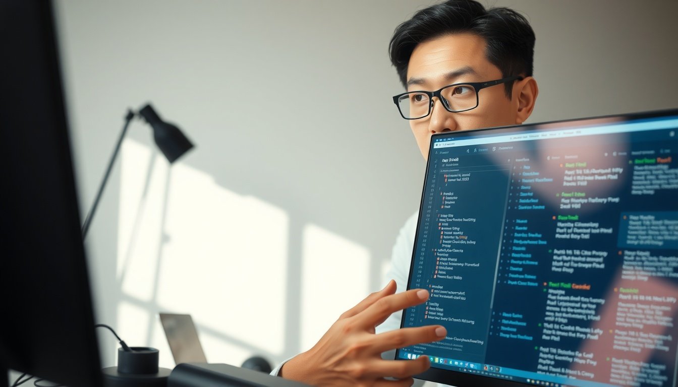 키워드조합기 - Korean man upper body shot with face visible, analyzing keyword data on computer screen with natural hands, bright home office