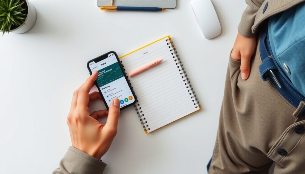 메타광고관리자 - flat lay of smartphone showing Meta Ads Manager dashboard on screen, notebook and pen beside it, overhead view on white desk