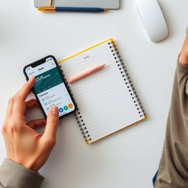 메타광고관리자 - flat lay of smartphone showing Meta Ads Manager dashboard on screen, notebook and pen beside it, overhead view on white desk