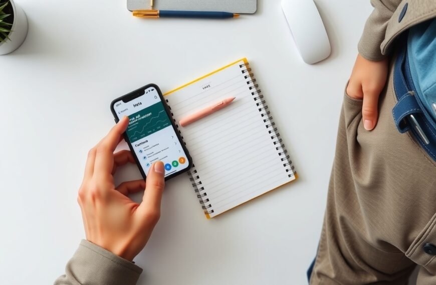 메타광고관리자 - flat lay of smartphone showing Meta Ads Manager dashboard on screen, notebook and pen beside it, overhead view on white desk