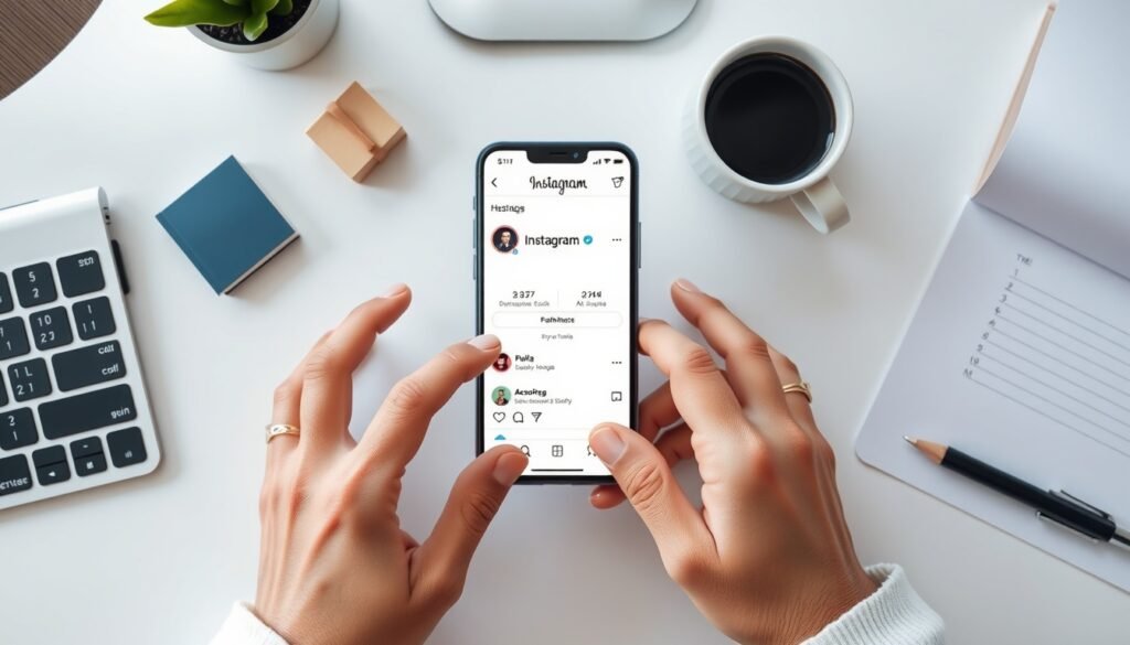 인스타 해시태그 - flat lay of smartphone showing Instagram app with hashtag search screen on white desk, instagram hashtag strategy concept