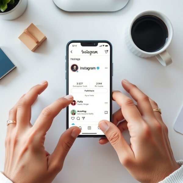 인스타 해시태그 - flat lay of smartphone showing Instagram app with hashtag search screen on white desk, instagram hashtag strategy concept
