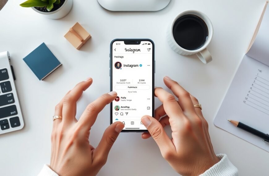 인스타 해시태그 - flat lay of smartphone showing Instagram app with hashtag search screen on white desk, instagram hashtag strategy concept