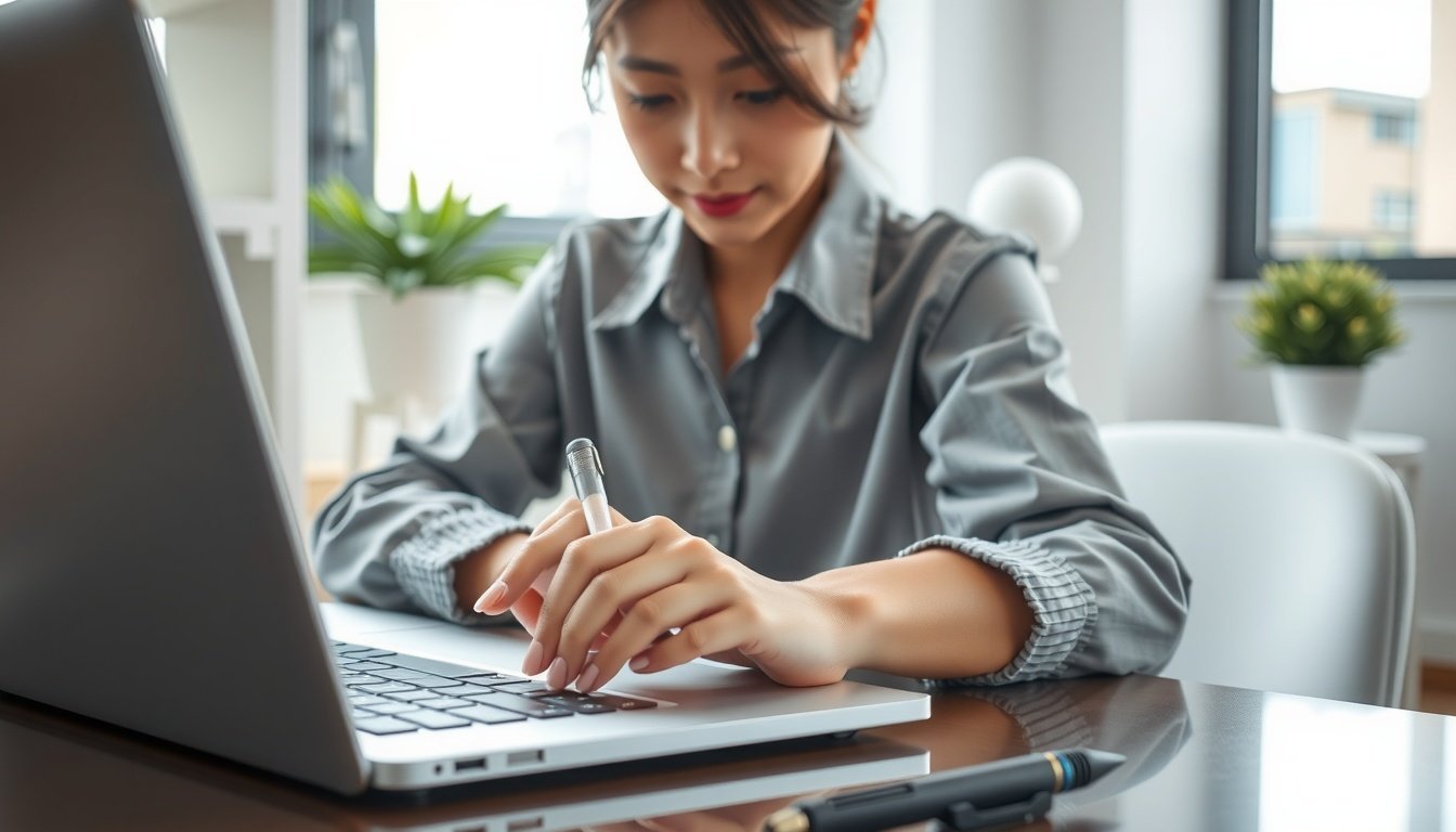 모두모여체험단 - Korean woman upper body shot with face visible, writing product review on laptop at home desk, natural hands, modumoyo community program