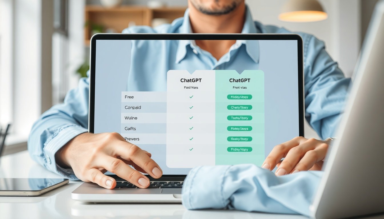 무료 챗gpt 한국어 - comparison chart of free vs paid ChatGPT plans on laptop screen, upper body shot of Korean professional with face visible, natural hands