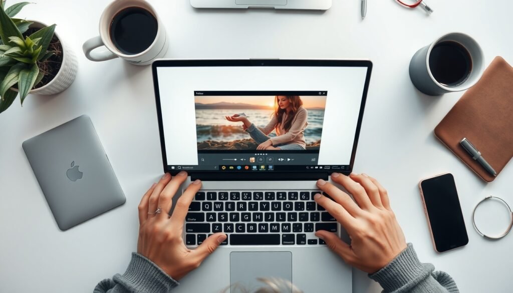 어도비 파이어플라이 영상 - flat lay of laptop showing Adobe Firefly video generation interface on screen, creative digital workspace, overhead view