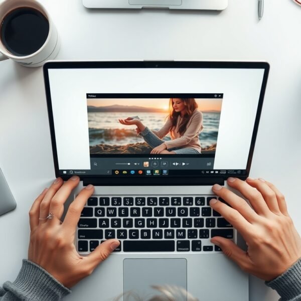 어도비 파이어플라이 영상 - flat lay of laptop showing Adobe Firefly video generation interface on screen, creative digital workspace, overhead view