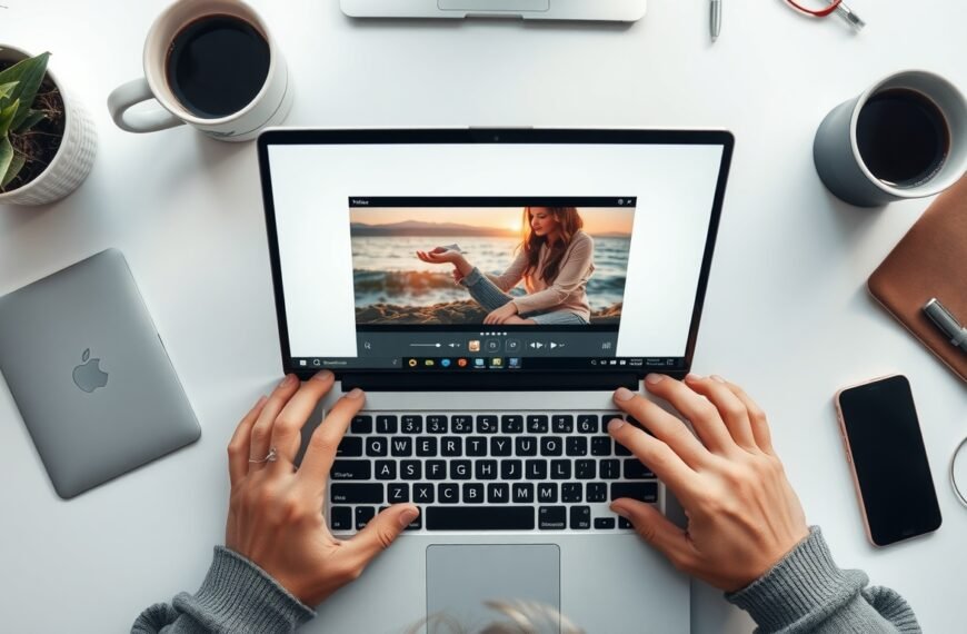어도비 파이어플라이 영상 - flat lay of laptop showing Adobe Firefly video generation interface on screen, creative digital workspace, overhead view