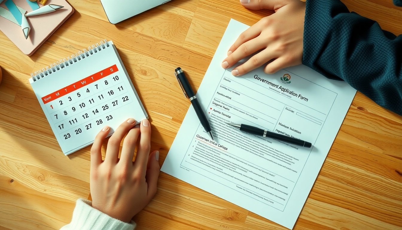 타우바우 - flat lay of calendar, pen, and government application form on wooden desk, taubau application deadline concept