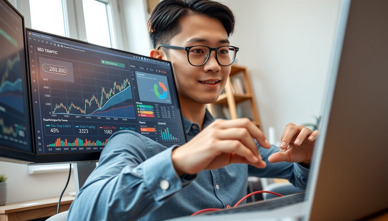 블로그 광고 수익 - Korean man upper body shot with face visible, analyzing SEO blog traffic data on dual monitors in home office, natural hands on keyboard, blog ad revenue optimization concept