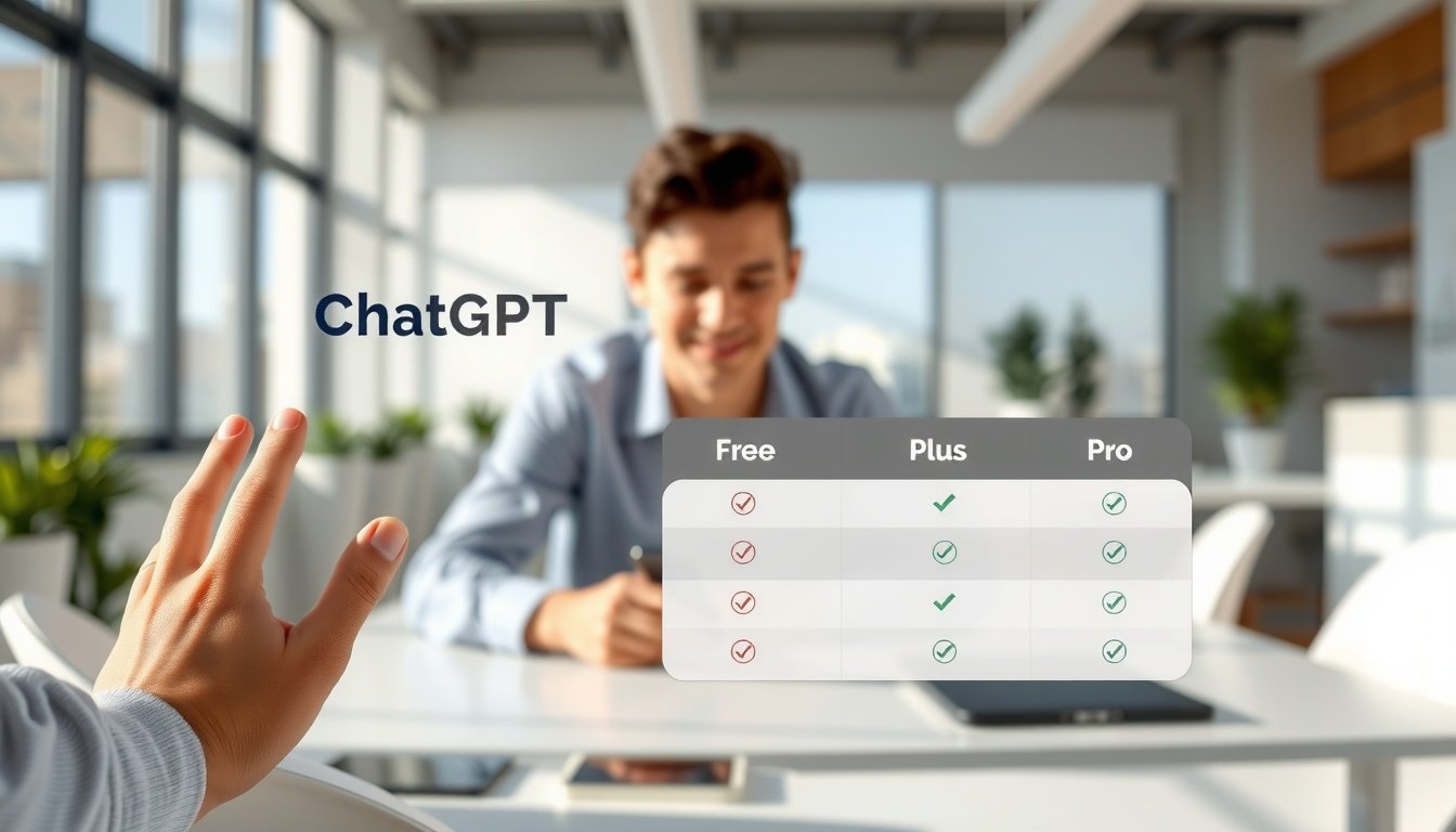 챗지피티 무료 유료 차이 - infographic showing ChatGPT free vs plus vs pro plan comparison table, clean modern design with icons