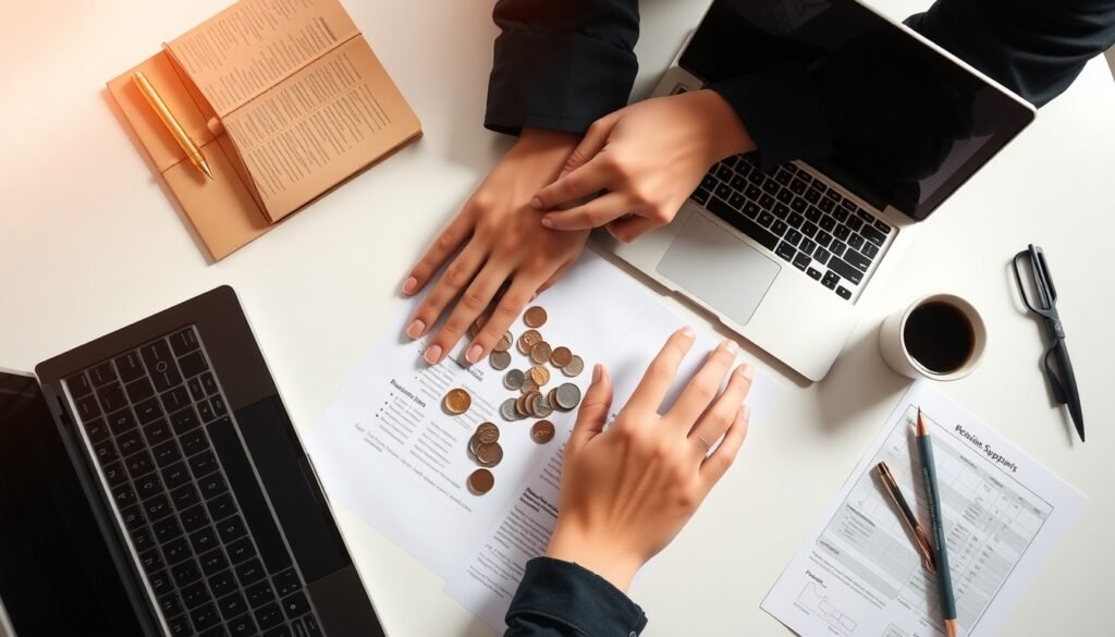 청년 창업 지원금 지원금 - flat lay of business plan documents, coins, and laptop on white desk, Korean youth startup support fund concept