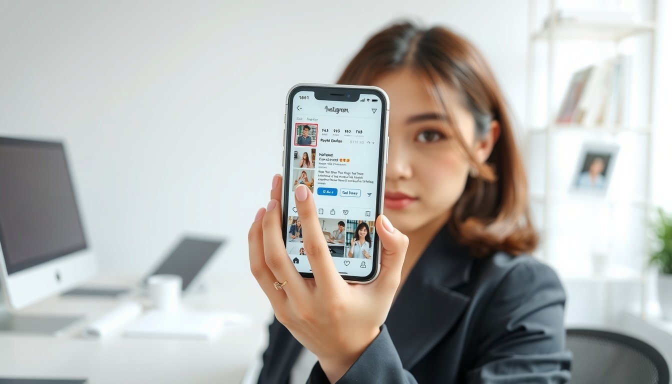 인스타샵 - Korean woman upper body shot with face visible, holding smartphone showing Instagram reels with product tag, natural hands, bright studio background