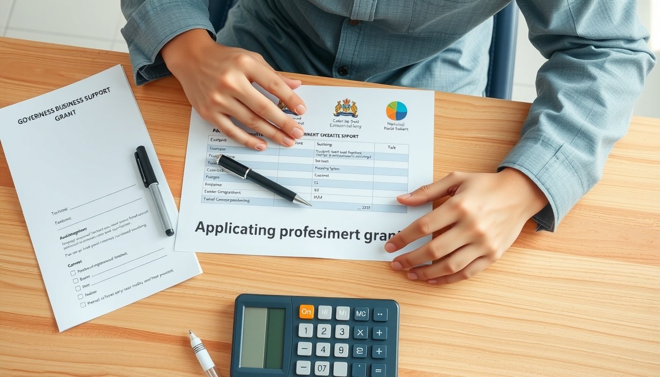 자영업자 지원금 지원금 - flat lay of Korean government support application form, pen, and calculator on wooden desk, small business owner grant 2026