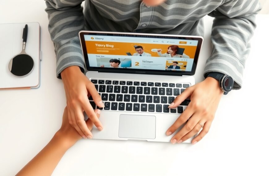 티스토리 블로그 - flat lay of laptop and notebook on white desk with Korean blog dashboard screen visible, tistory blog monetization concept