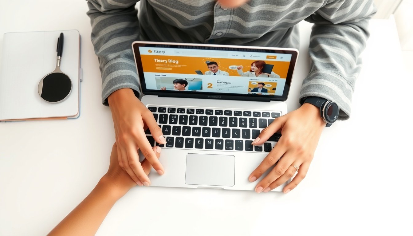 티스토리 블로그 - flat lay of laptop and notebook on white desk with Korean blog dashboard screen visible, tistory blog monetization concept