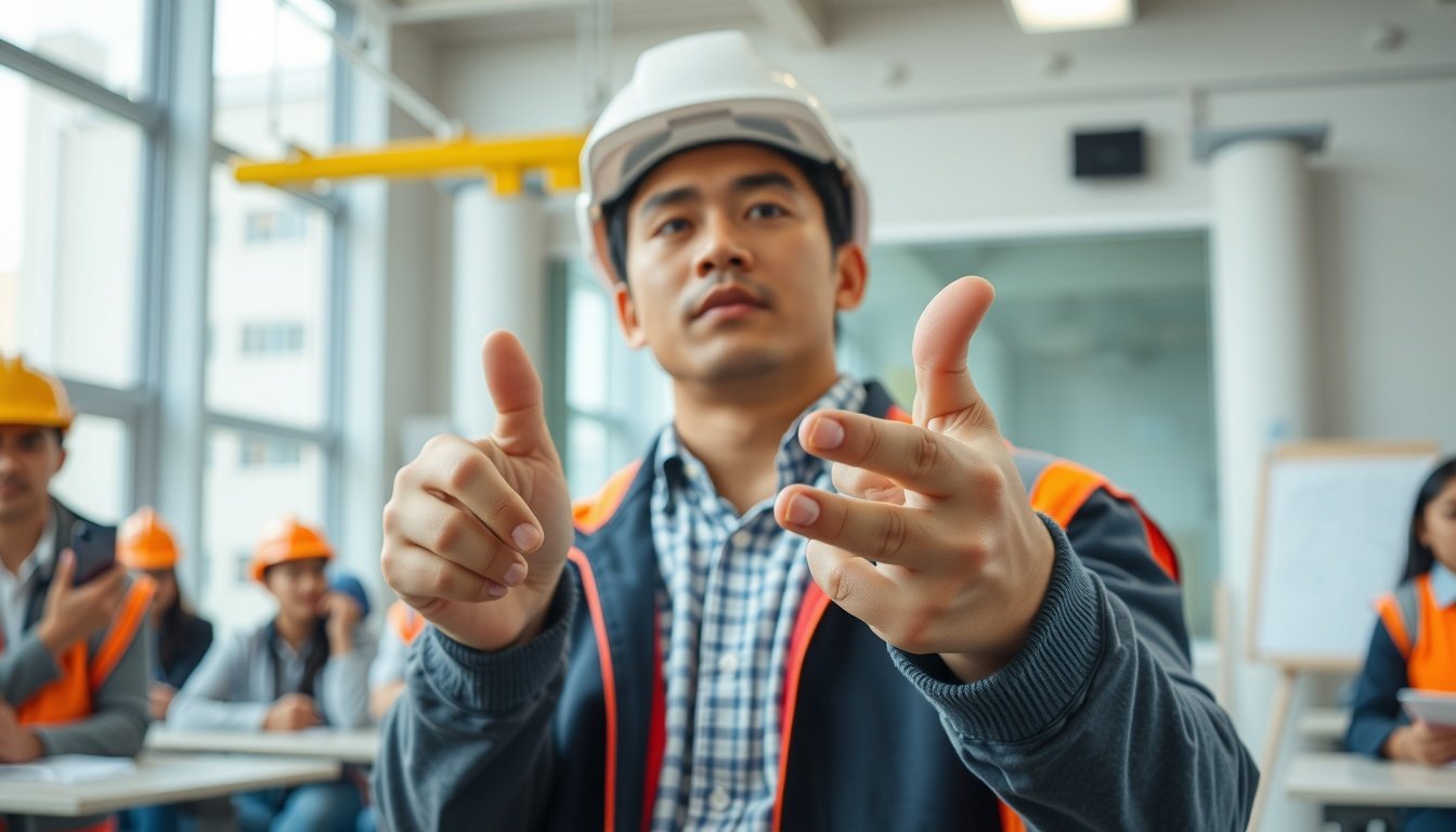 인천건설기술교육원 - Korean construction worker upper body shot with face visible, attending safety education class in training center, natural hands