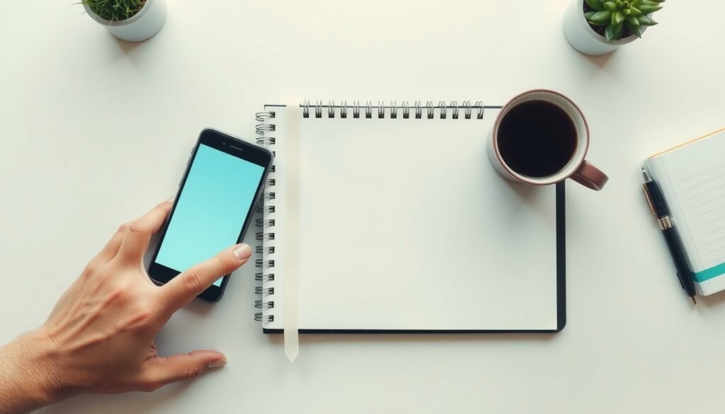 모두모여체험단 - flat lay of smartphone and notebook on white desk, modumoyo community program concept, overhead view
