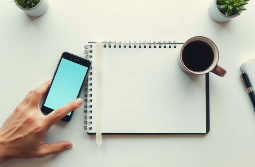 모두모여체험단 - flat lay of smartphone and notebook on white desk, modumoyo community program concept, overhead view