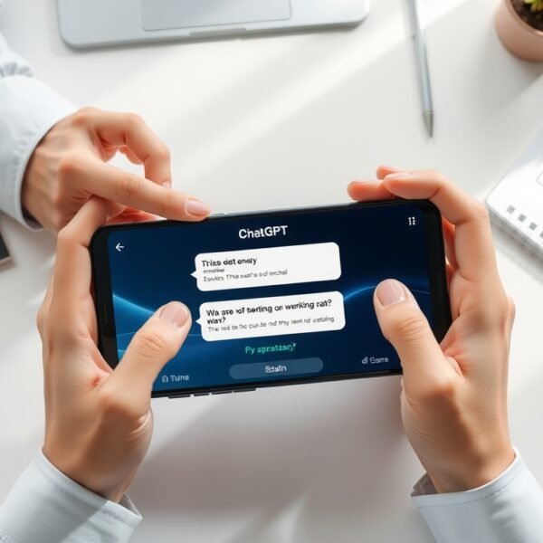 무료챗gpt GPT - flat lay of smartphone displaying ChatGPT free version interface on white desk, AI technology concept