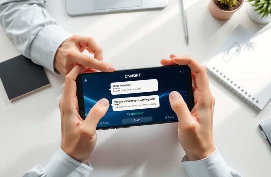 무료챗gpt GPT - flat lay of smartphone displaying ChatGPT free version interface on white desk, AI technology concept