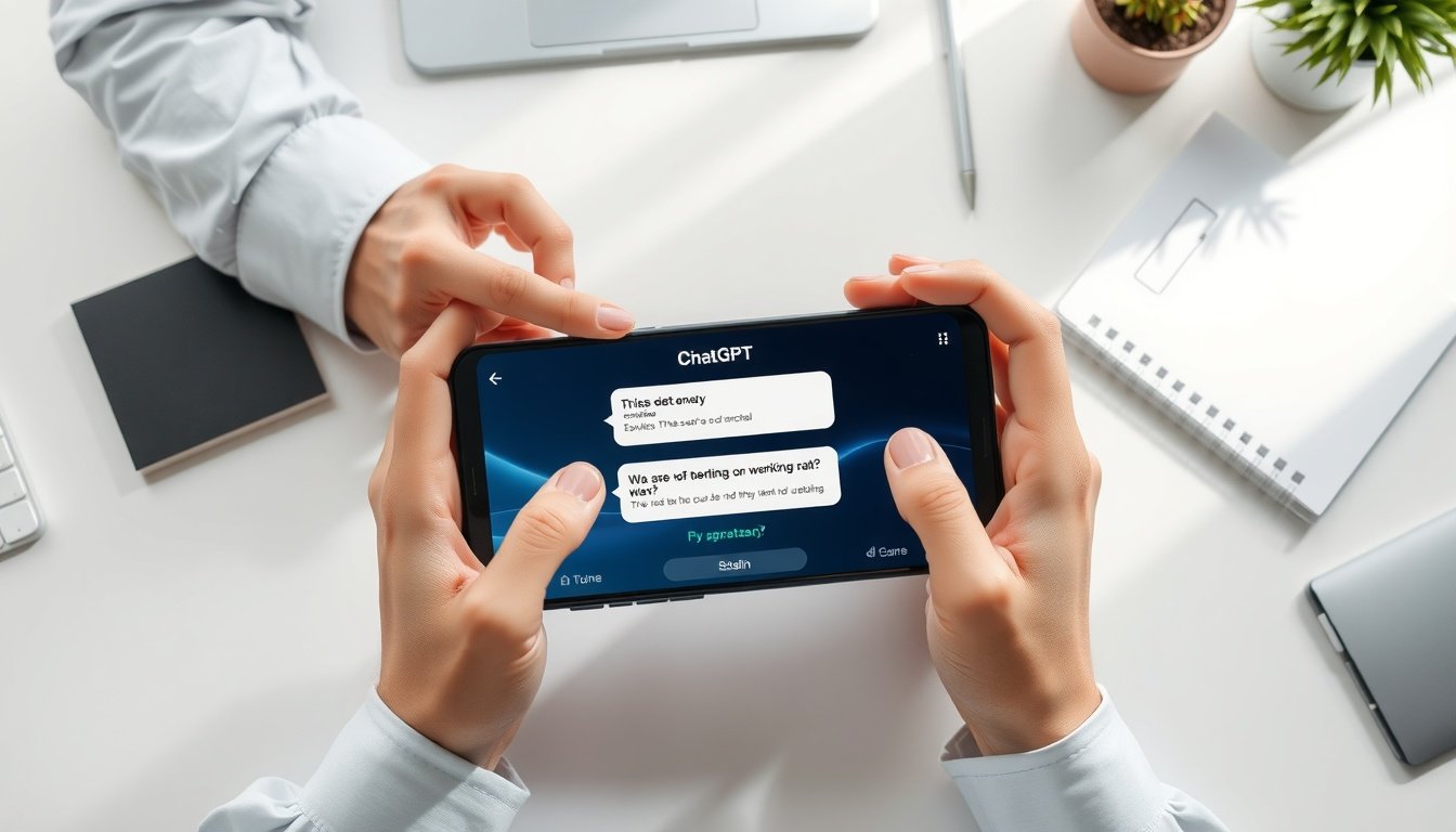 무료챗gpt GPT - flat lay of smartphone displaying ChatGPT free version interface on white desk, AI technology concept