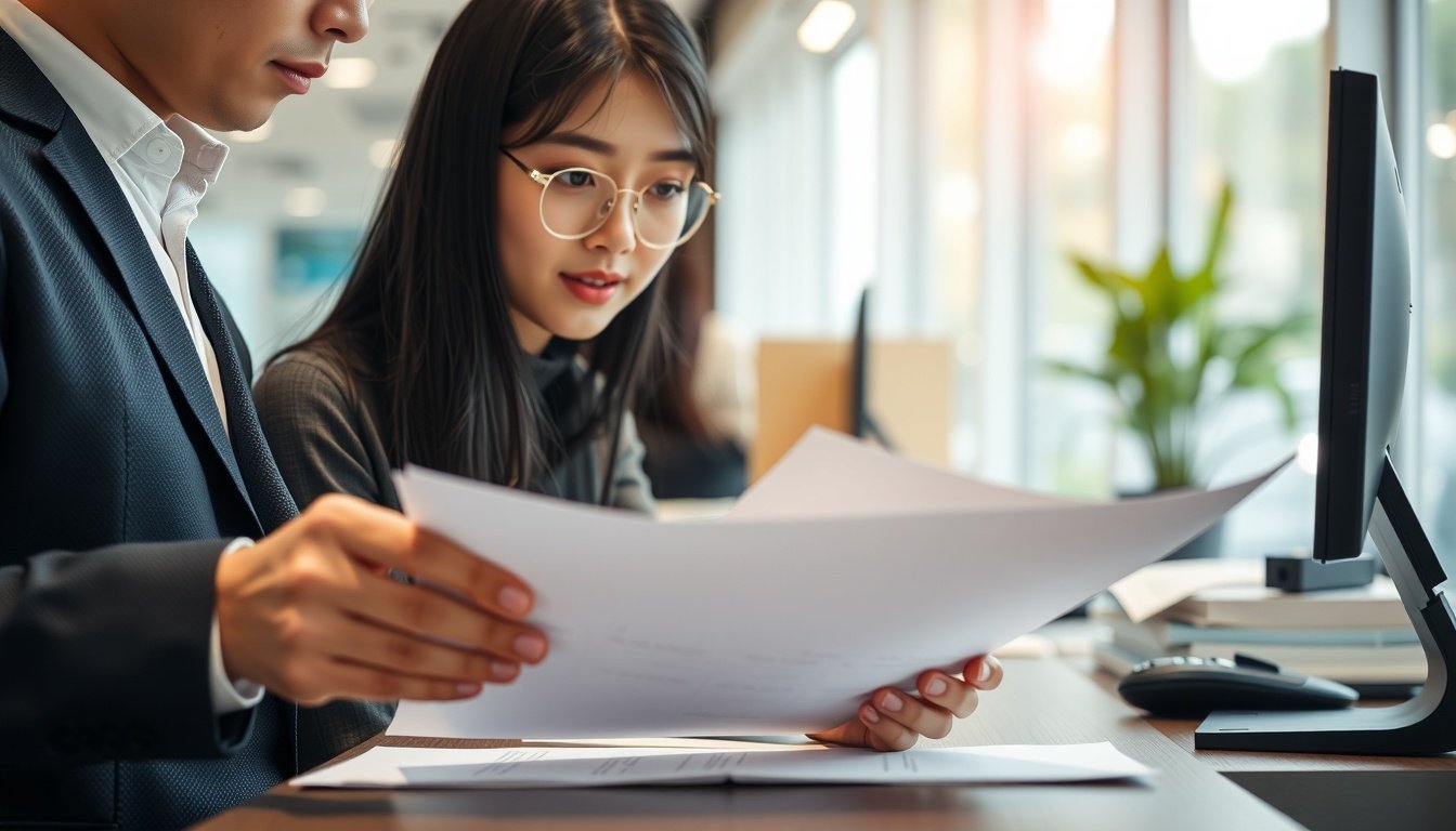 전세 대출 - Korean young couple upper body shot with face visible, reviewing jeonse loan documents at bank counter, natural hands