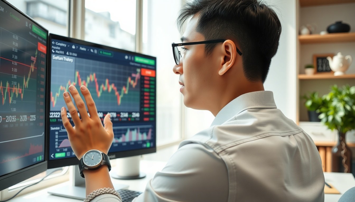 오늘 증권시세 - Korean male investor upper body shot with face visible, checking stock price chart on dual monitors in home office, natural hands