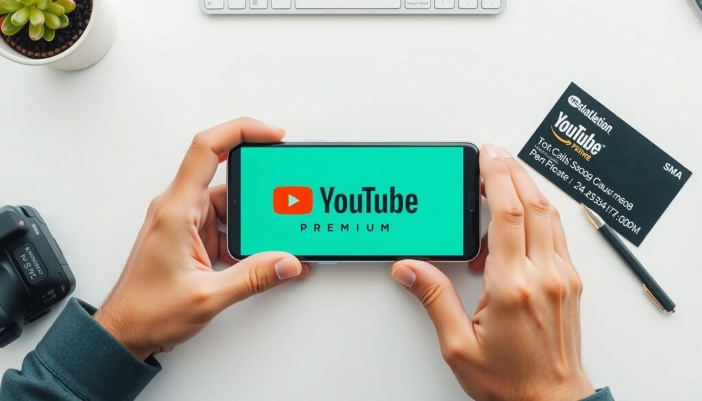 유튜브프리미엄쿠폰 - flat lay of smartphone showing YouTube Premium logo with discount coupon and credit card on white desk, youtube premium coupon concept