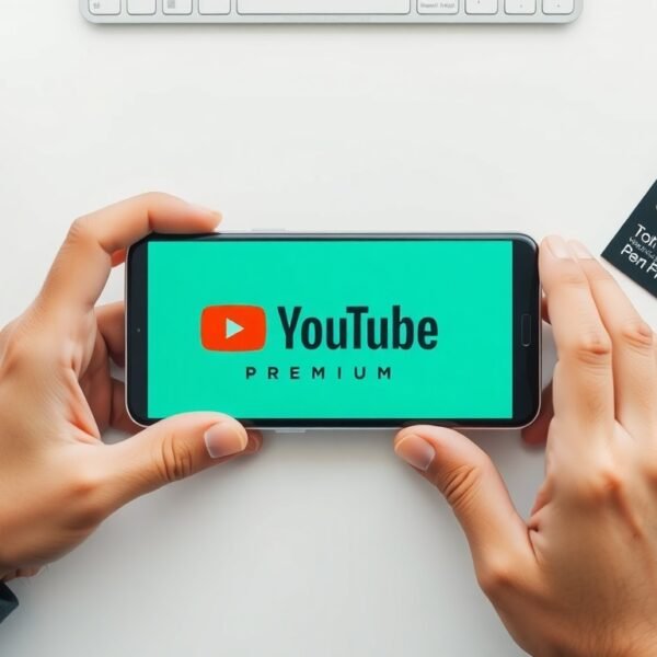 유튜브프리미엄쿠폰 - flat lay of smartphone showing YouTube Premium logo with discount coupon and credit card on white desk, youtube premium coupon concept