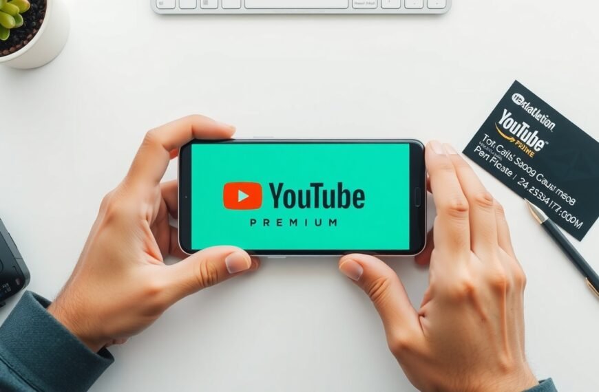 유튜브프리미엄쿠폰 - flat lay of smartphone showing YouTube Premium logo with discount coupon and credit card on white desk, youtube premium coupon concept