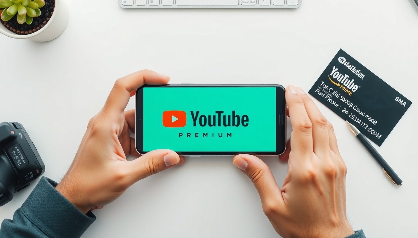 유튜브프리미엄쿠폰 - flat lay of smartphone showing YouTube Premium logo with discount coupon and credit card on white desk, youtube premium coupon concept