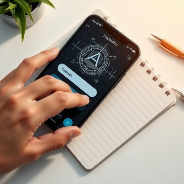 퍼플렉시티 - flat lay of smartphone displaying Perplexity AI interface on white desk with notebook and pen, AI search concept