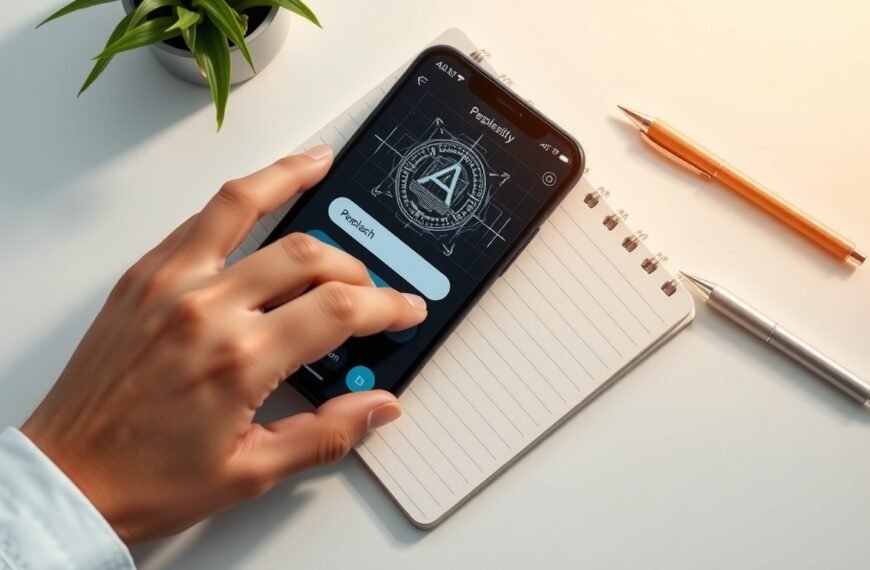 퍼플렉시티 - flat lay of smartphone displaying Perplexity AI interface on white desk with notebook and pen, AI search concept