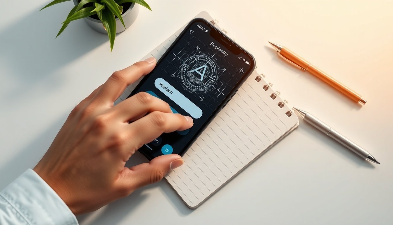 퍼플렉시티 - flat lay of smartphone displaying Perplexity AI interface on white desk with notebook and pen, AI search concept