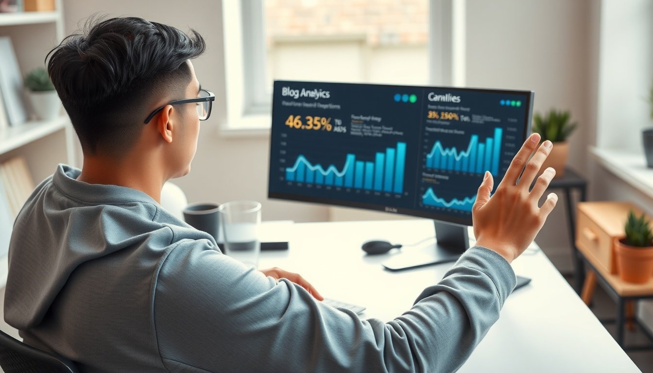 티스토리 블로그 - Korean man upper body shot with face visible, sitting at desk reviewing blog analytics on monitor screen, professional home office setting