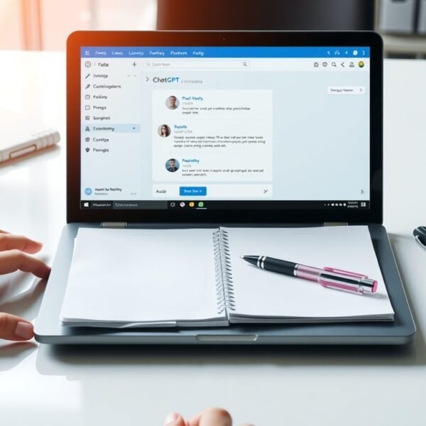 ChatGPT - flat lay of laptop with ChatGPT interface on screen, notebook and pen on white desk, AI productivity concept