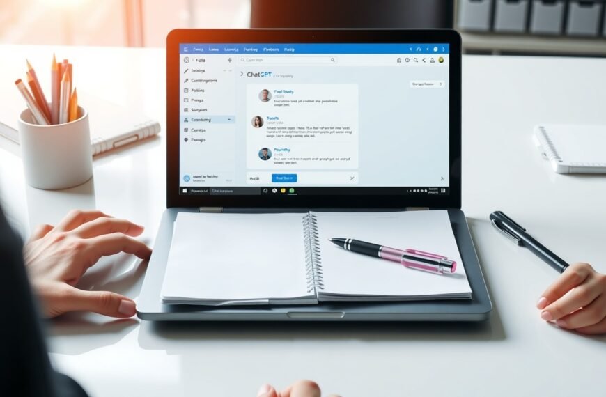 ChatGPT - flat lay of laptop with ChatGPT interface on screen, notebook and pen on white desk, AI productivity concept