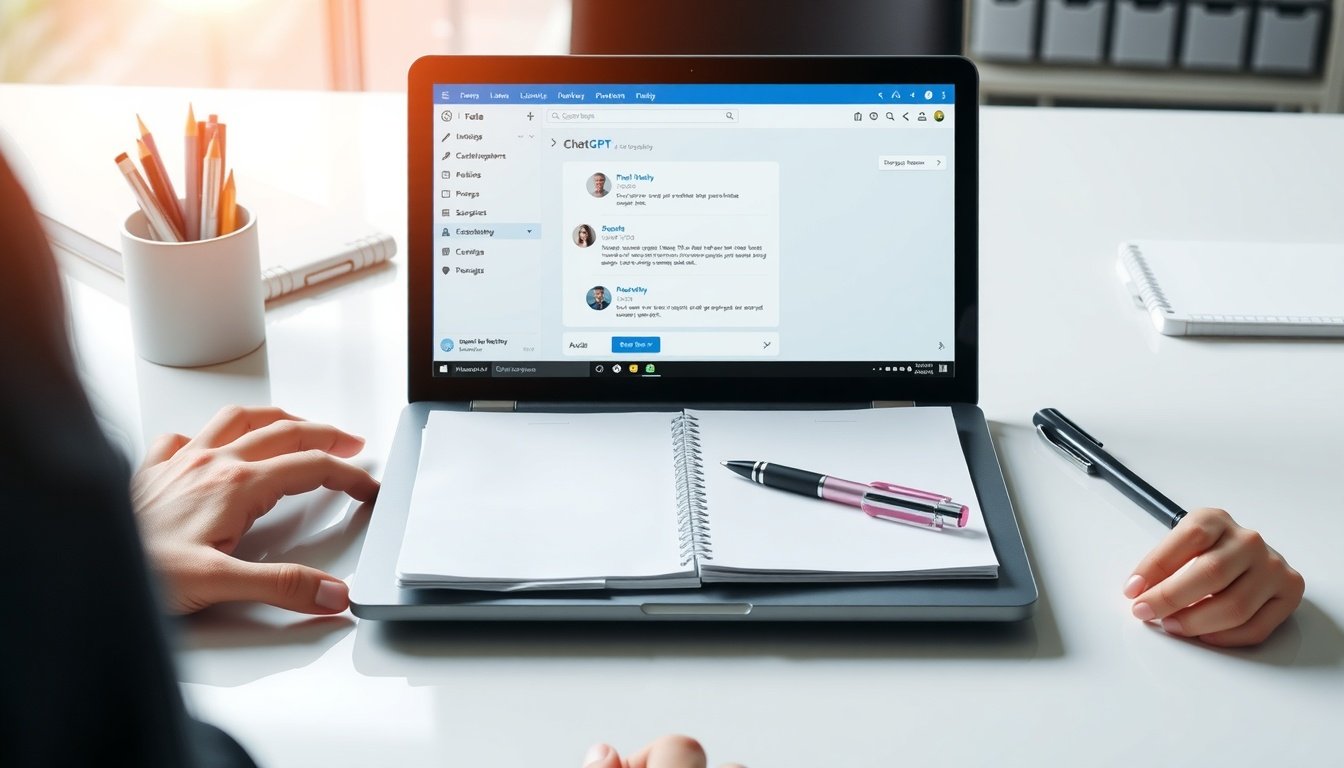 ChatGPT - flat lay of laptop with ChatGPT interface on screen, notebook and pen on white desk, AI productivity concept