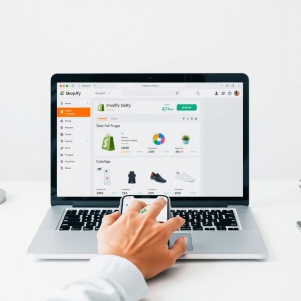 쇼피파이 - flat lay of laptop and smartphone showing Shopify dashboard on white desk, online store concept