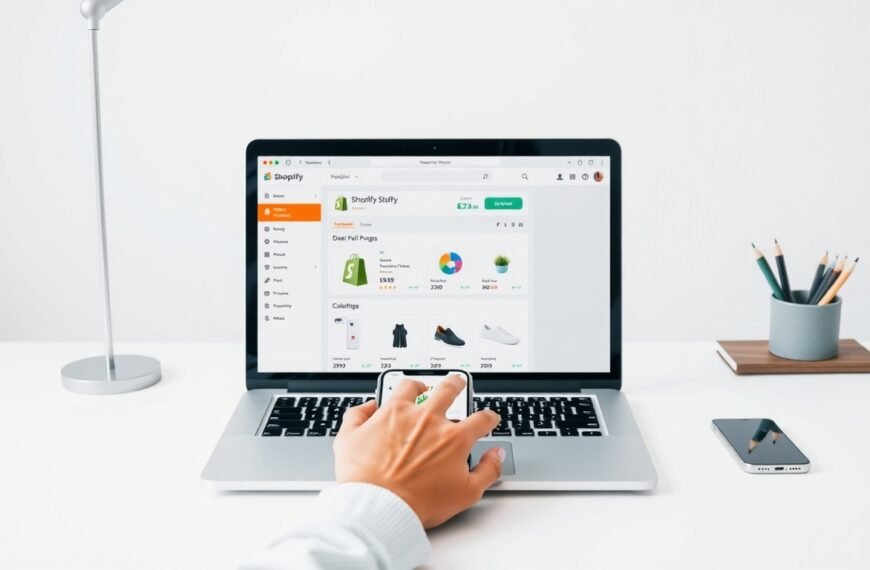 쇼피파이 - flat lay of laptop and smartphone showing Shopify dashboard on white desk, online store concept